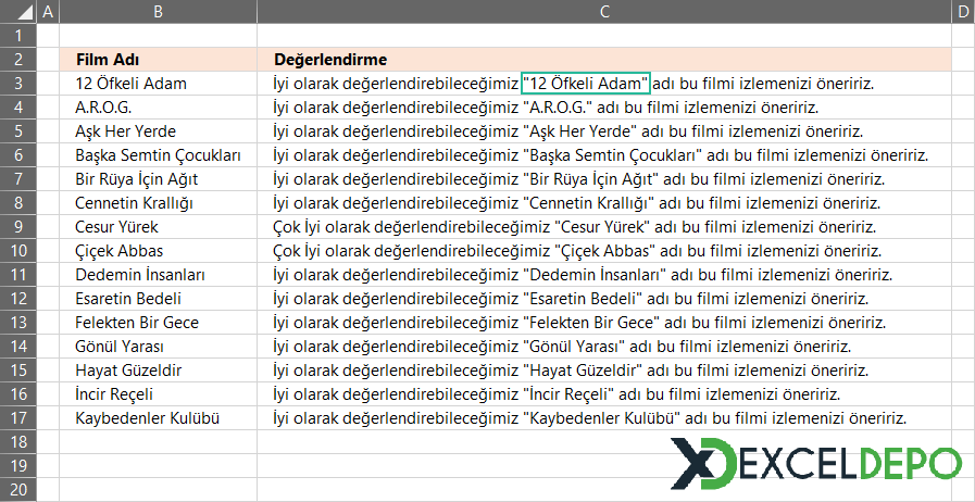 Formül içinde çift tırnak kullanımı