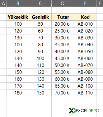 Çaprazara Formülü ile Sütunları Özelleştirme