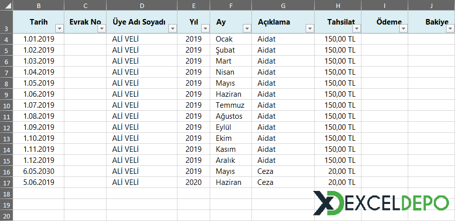 Aidat Takip Excel Çizelgesi