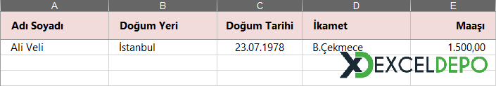 Excel Userform Veri Kaydetme Tablosu