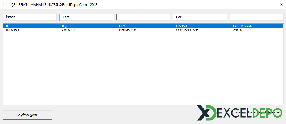 İl İlçe Listesi Excel Filtrelenmiş