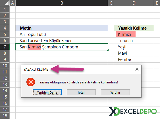 Excel Hücrelerinde Yasaklı Kelime Kullanımını Engelleme