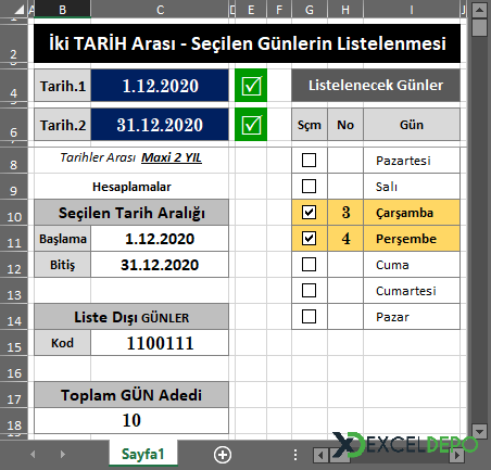 İki Tarih Arasındaki Seçilen Günlerin Listelenmesi