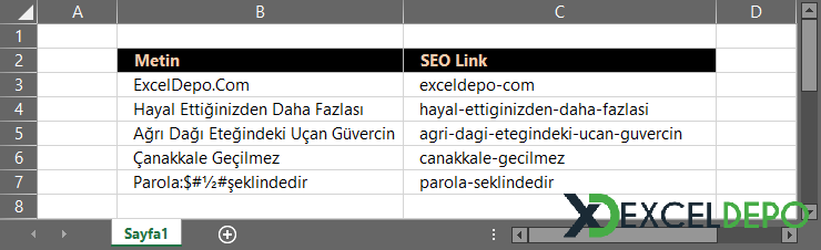 Excel SEO Url Fonksiyonu