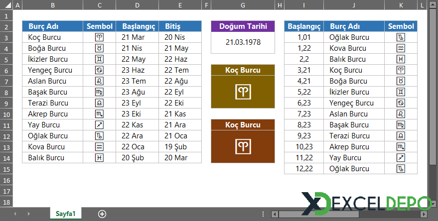 Excel Formülleri ile Burç Bulma