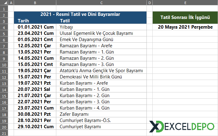 Resmi Tatil Sonrasındaki İlk işgününü Bulma