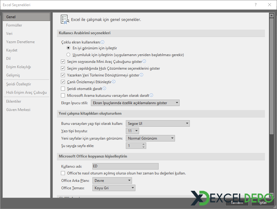 Excel Seçenekleri Penceresini Açma