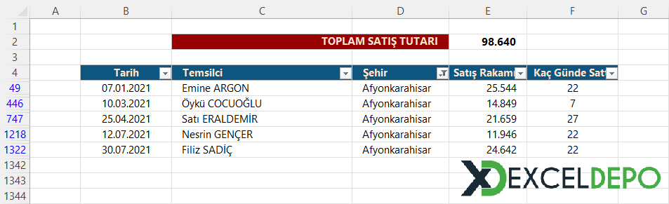 Filtrelenmiş Bir Listedeki Görünür Satırları Toplama