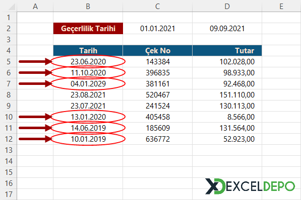 Kriter Dışında Kalan Tarihlerin Daire İçine Alınması